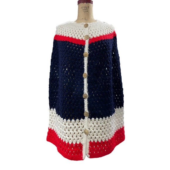 Vintage Womens Crochet Afghan Cape Shawl Navy Red Button Front OS - Picture 1 of 7
